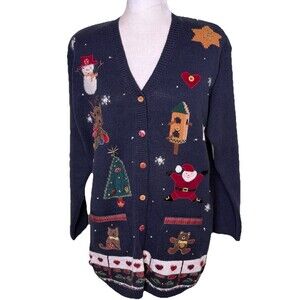 Vintage Karen Scott Hand Embroidered Ugly Christmas Sweater Cardigan Granny Sz M